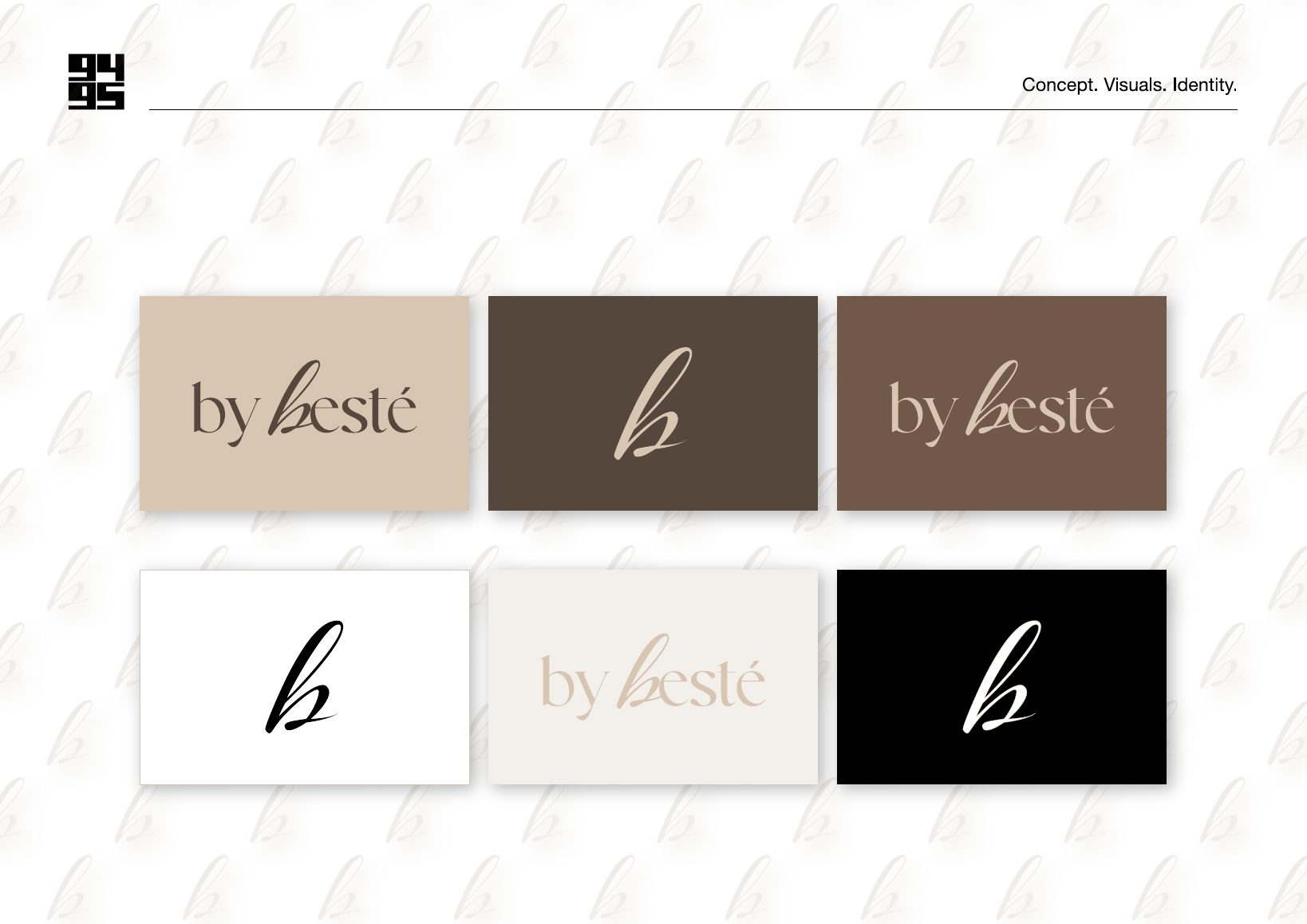 The by besté logo system: primary wordmark and a standalone b monogram, tested on light and dark backgrounds
