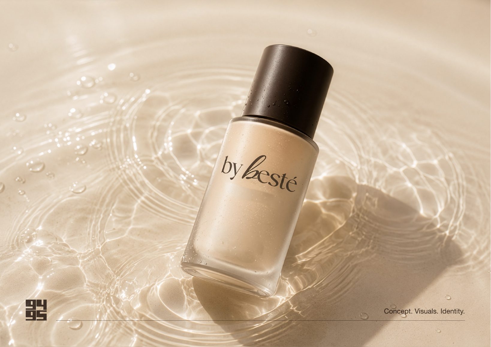 The by besté skin tint bottle, art-directed with water ripples to reflect the weightless formula