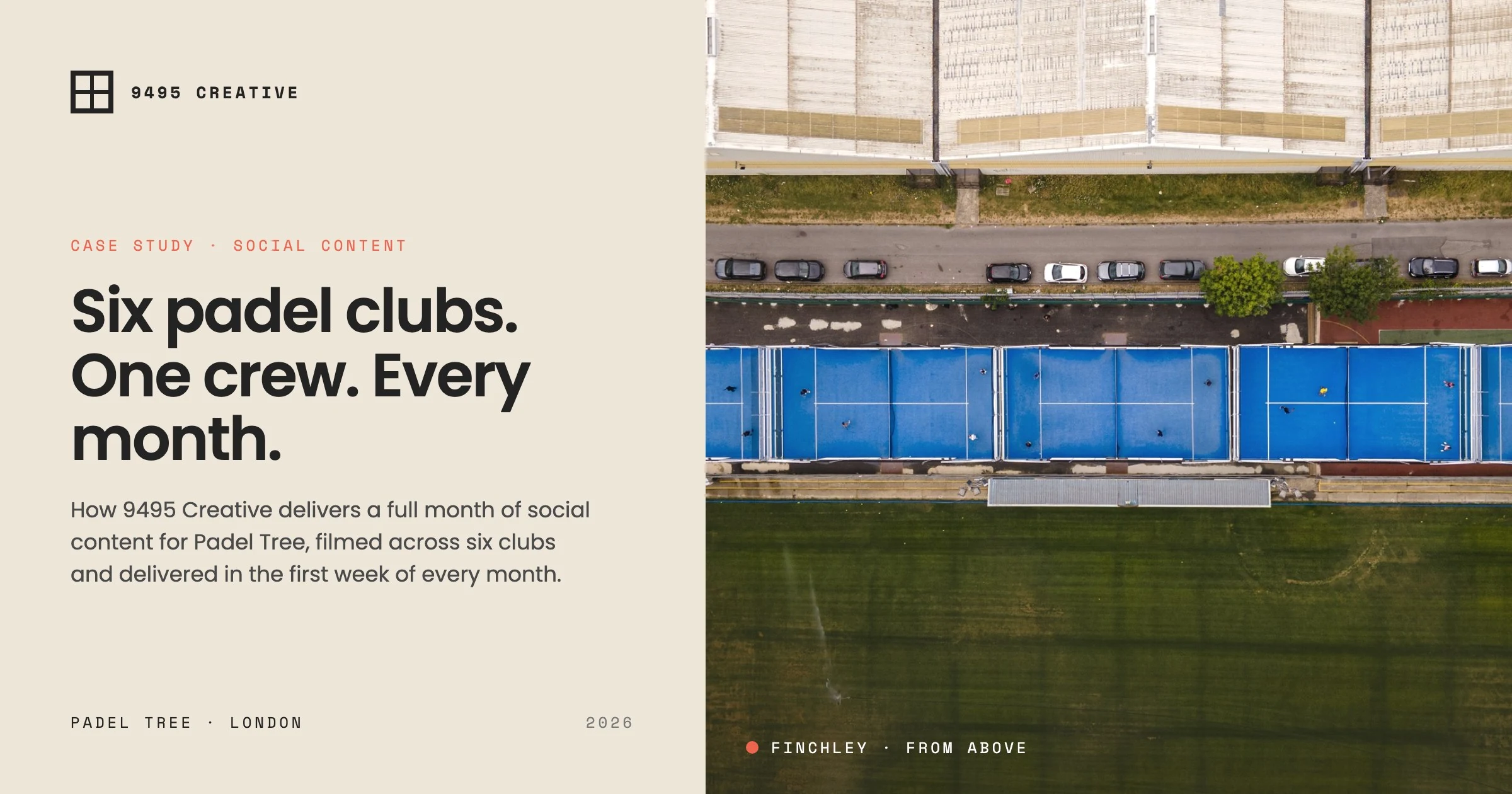 Padel Tree Finchley courts from above: monthly social content case study by 9495 Creative, London