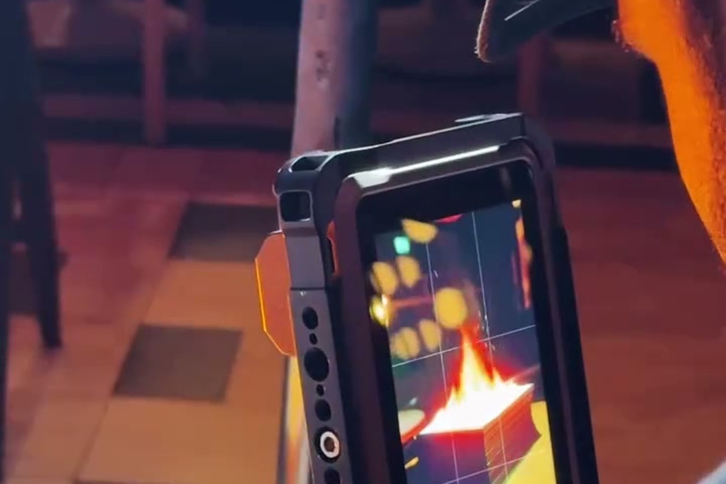 Director's monitor showing a flame shot during a short-form video shoot in London