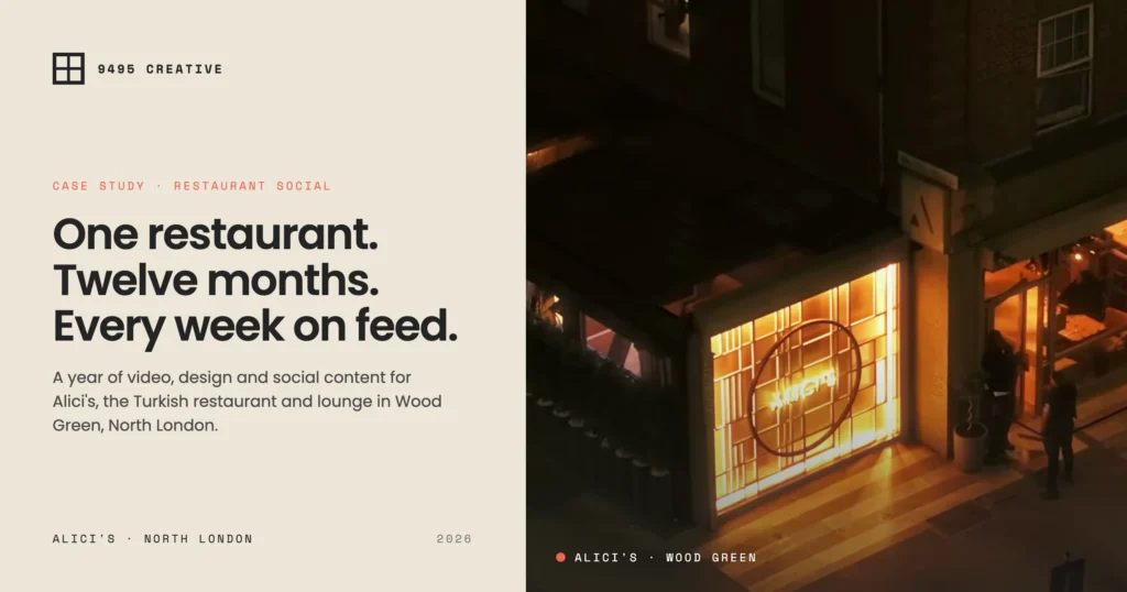 Alici's restaurant in Wood Green at night, case study cover by 9495 Creative