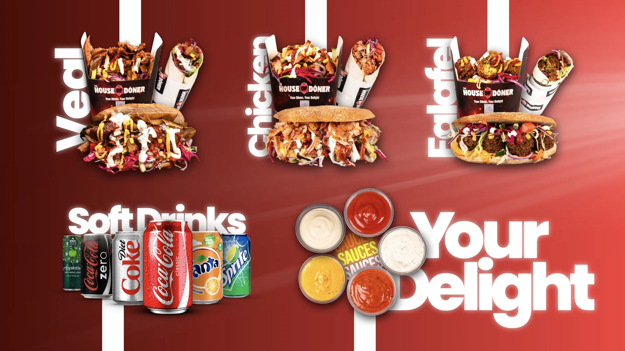 Digital menu board for The House of Döner: every item photographed, every screen designed by 9495 Creative