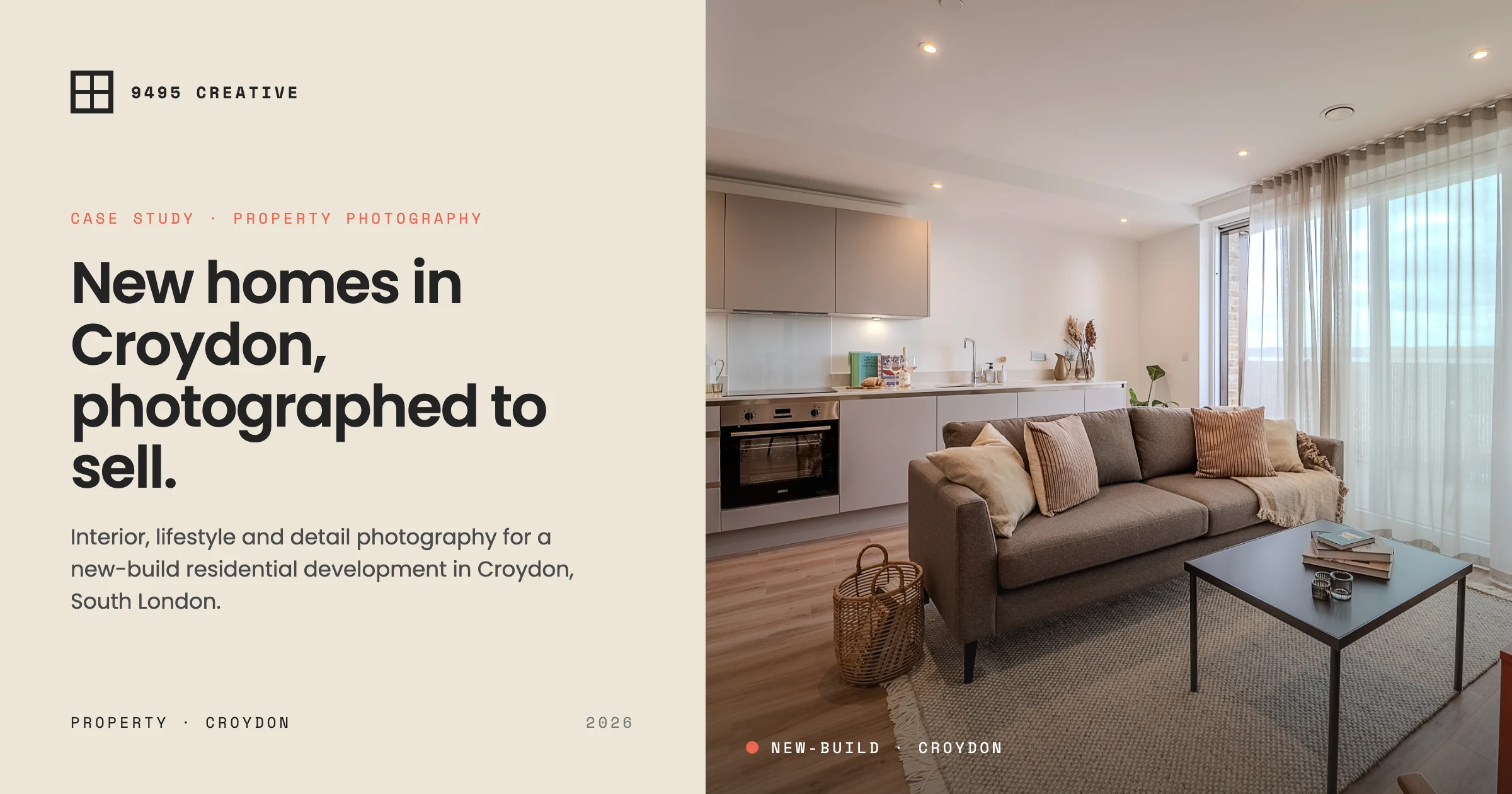 Open-plan living room in a new-build apartment in Croydon, property photography by 9495 Creative